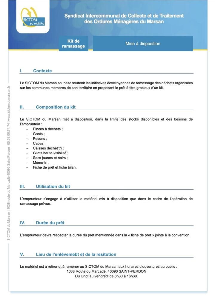 Charte de mise à disposition du kit de ramassage des déchets