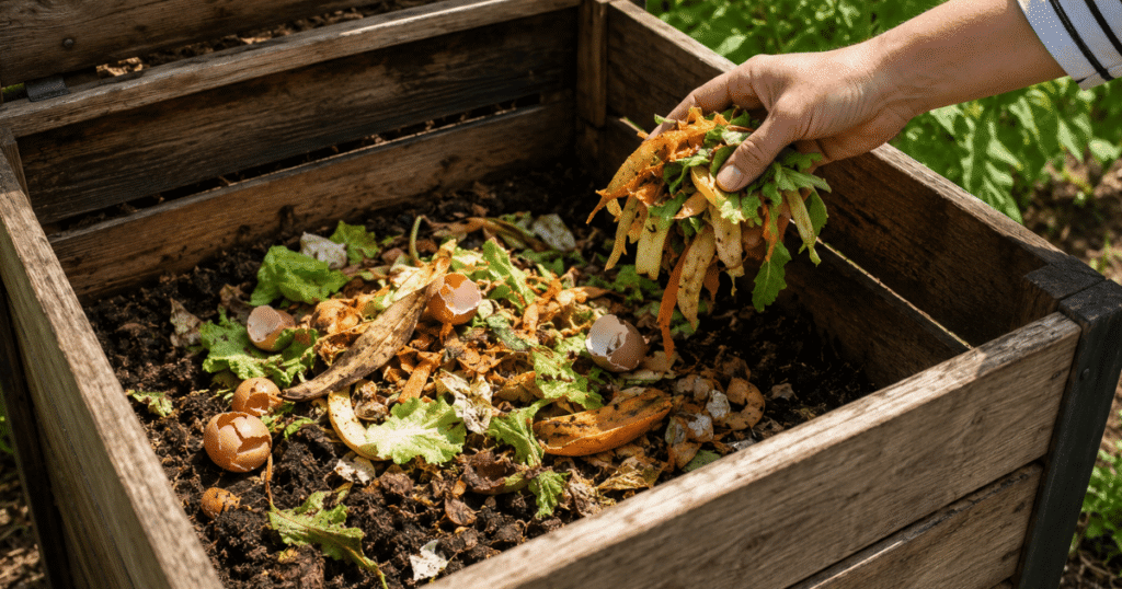 Été 2026 : comment limiter les odeurs dans vos poubelles ? 2 un main dépose des biodéchets dans un composteur en bois